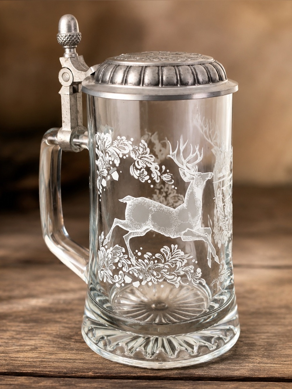 Vintage Glass Beer Stein Pewter Lid Deer Stag Hunting Scene Tankard Mug